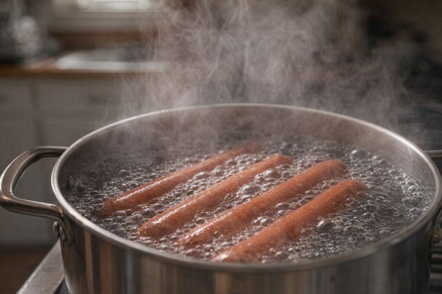 A side-angle shot of hot dogs boiling in a stainless steel pot, steam rising, with bubbles visible on the surface of the water.